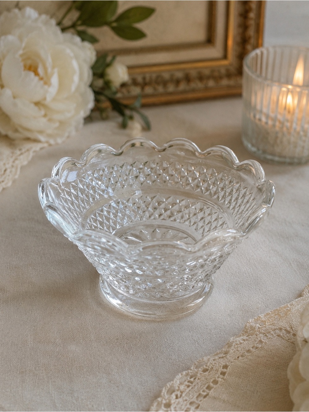 Vintage Cut Crystal Scalloped Bowl Candy Dish Cottagecore Grandmillennial Decor
